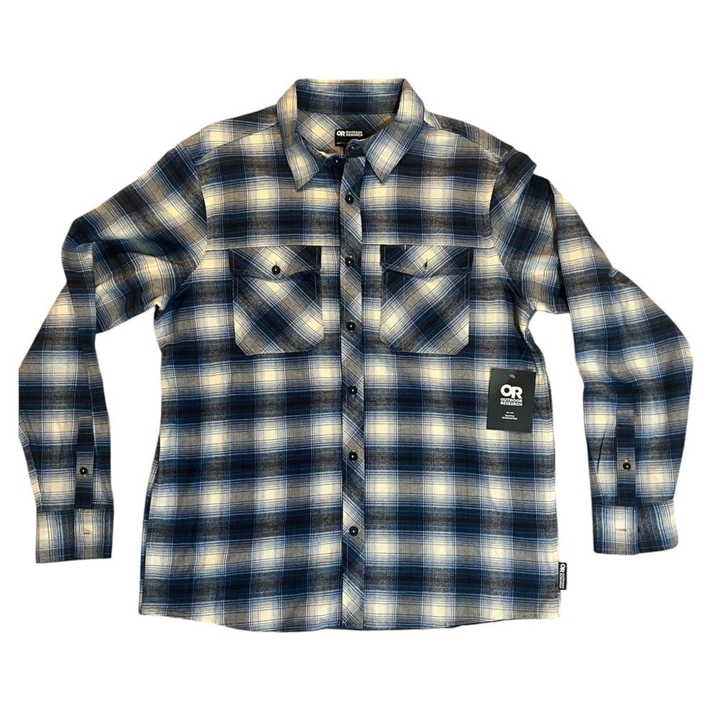 NWT Men’s Outdoor Research Navy and Cream Plaid Shirt Size Large